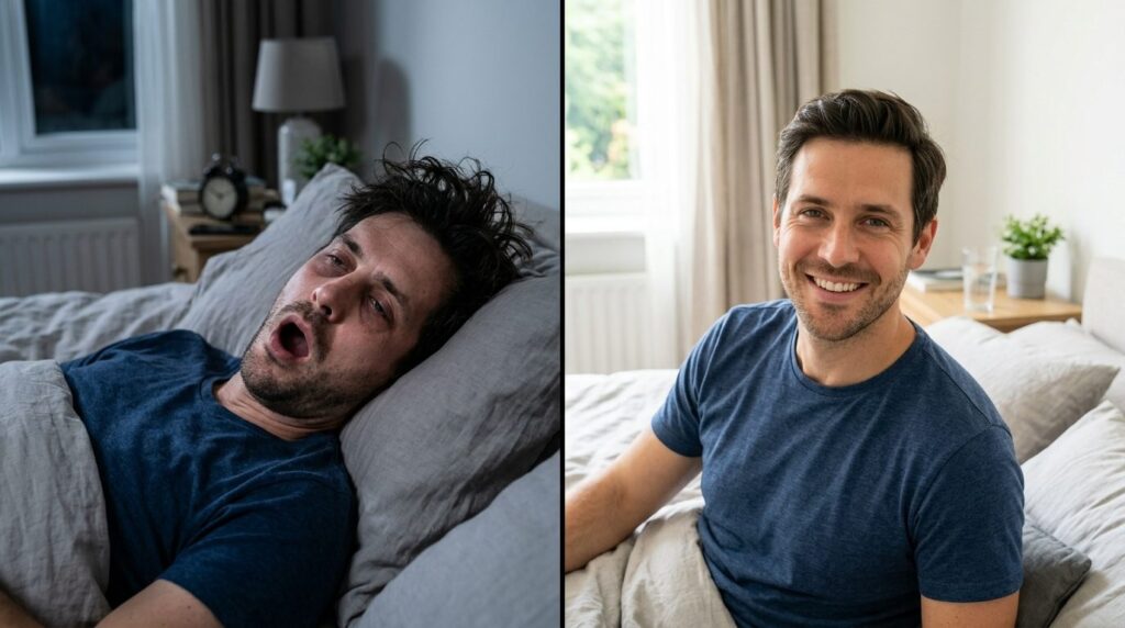 Photorealistic split-screen comparison image: left side show
